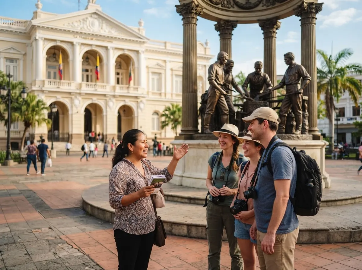 A local guide telling the story of La Fragua de Vulcano to travellers in the plaza