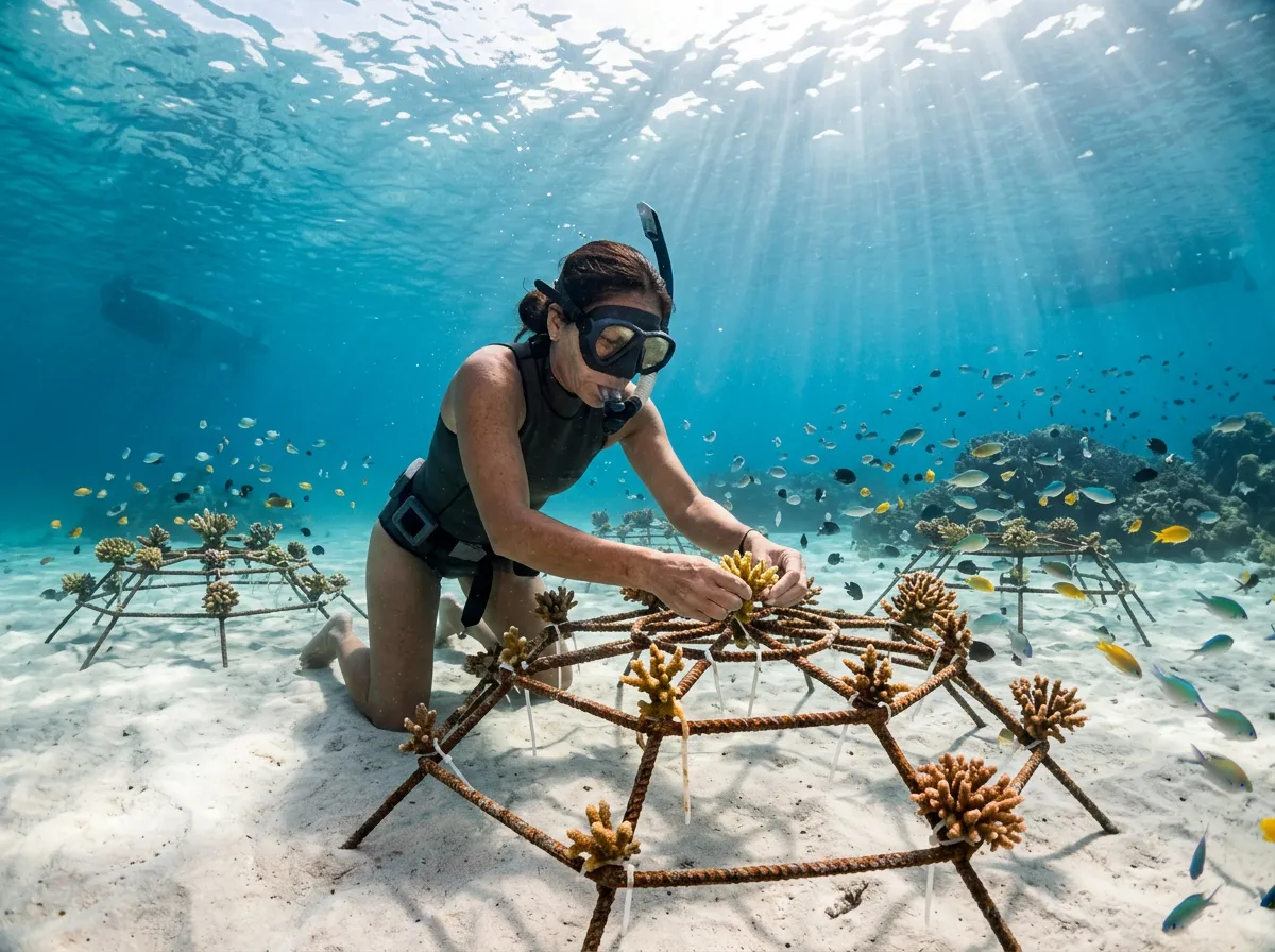 Illustrative photo: a freediver fixes coral fragments onto a restoration frame on a sandy seabed