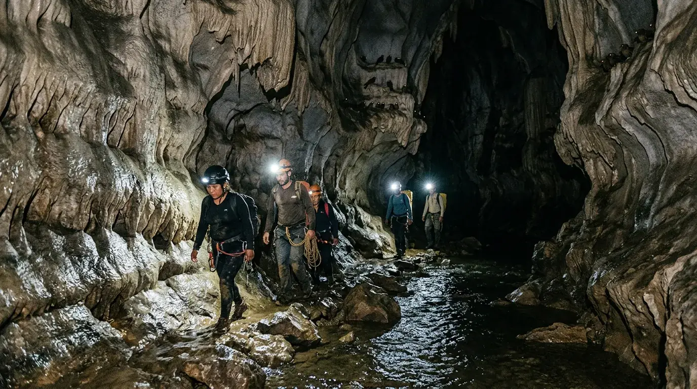 Illustrative photo: explorers with headlamps walk through a vast, wet limestone cave